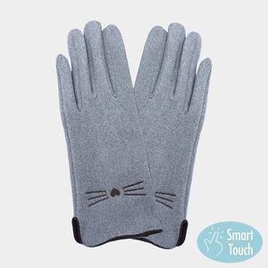 Gray Cat Whiskers Suede Smart Touch Fun Winter Gloves Trendy Statement